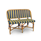 Valence French Bistro Rattan Banquette/Bench, 2-Seat, Arrows with Stripes - Navy Blue/Gold