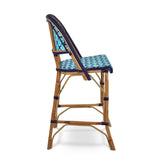 Valence French Bistro Rattan Bar Chair - Crosses - Sky Blue/Navy Blue/White