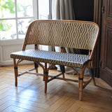 Lyon French Bistro Rattan Banquette/Bench, 2-Seater - Diamonds, Gold/Navy Blue/White