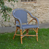 Paris French Bistro Rattan Armchair - Small Squares - Navy Blue/White